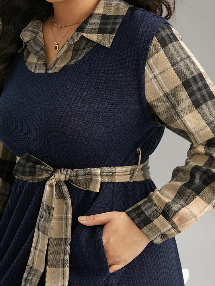 Plaid Patchwork Rib Knit Shirt Collar Belted Dress sold by Bloomchic product image thumbnail 4