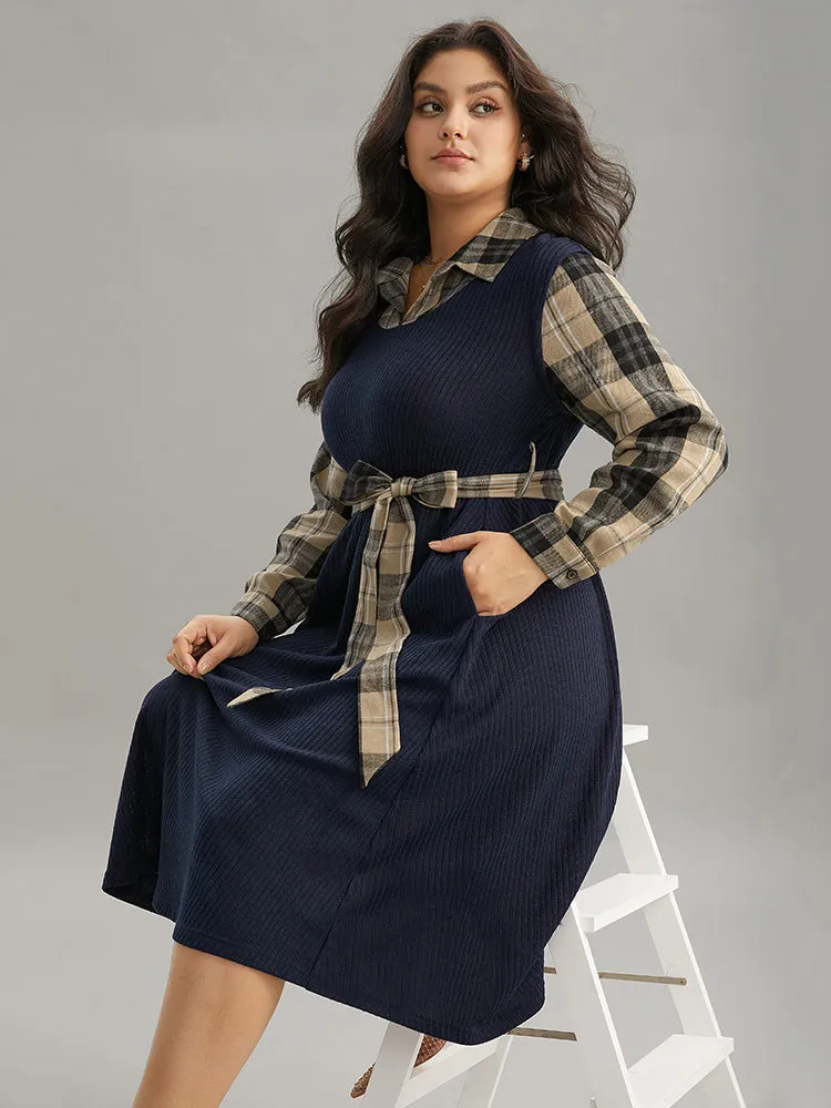 Plaid Patchwork Rib Knit Shirt Collar Belted Dress sold by Bloomchic product image thumbnail 3