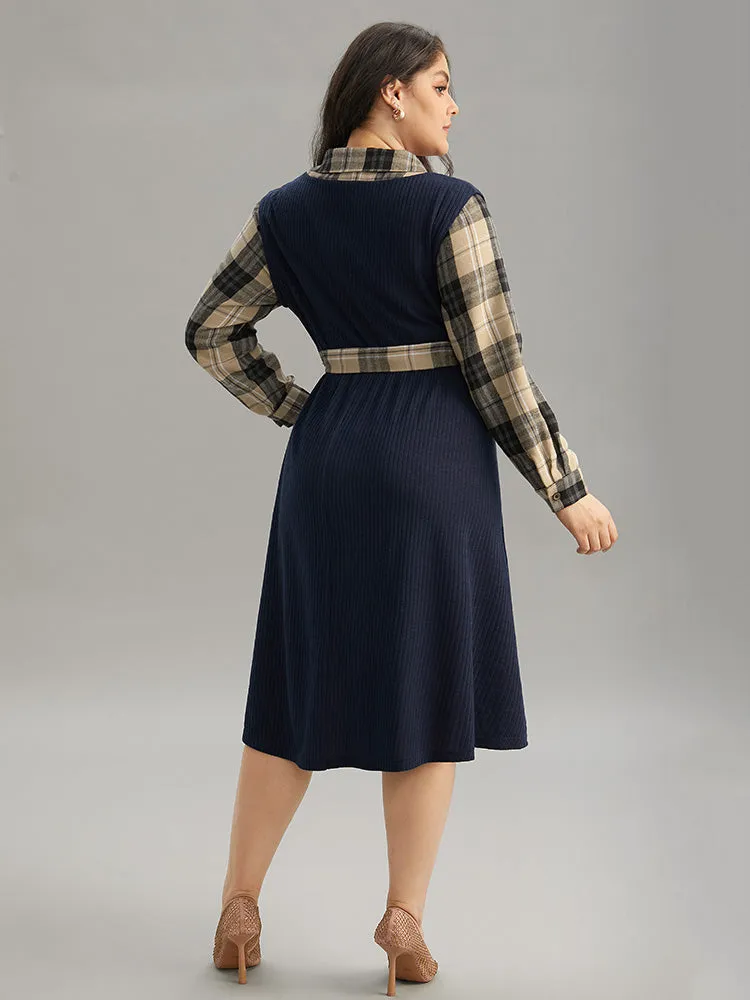 Plaid Patchwork Rib Knit Shirt Collar Belted Dress sold by Bloomchic product image thumbnail 2