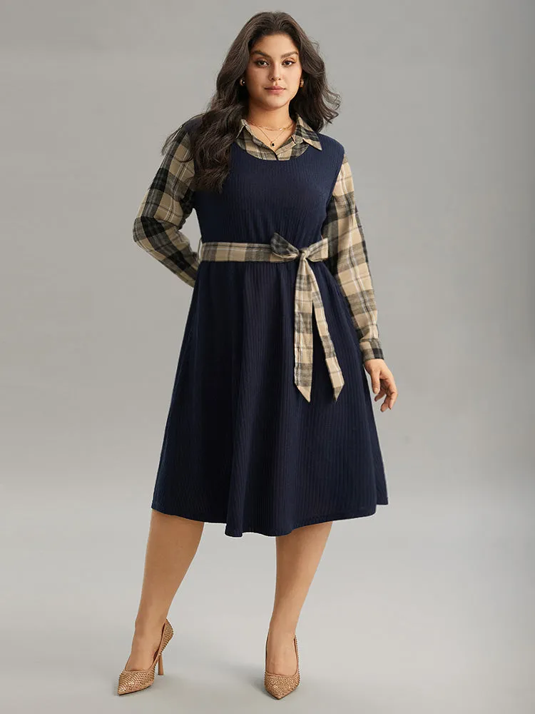 Plaid Patchwork Rib Knit Shirt Collar Belted Dress sold by Bloomchic