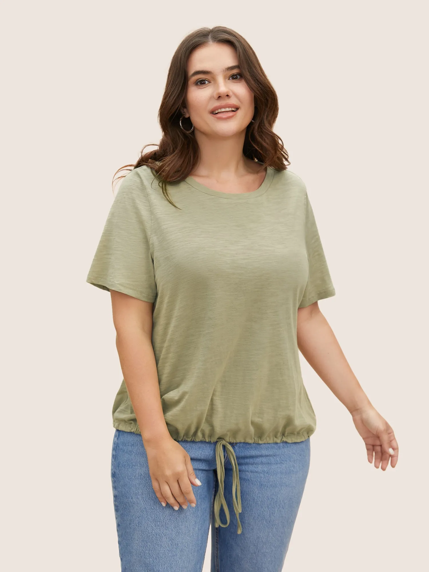 Cotton Round Neck Drawstring Medium Stretch T-shirt sold by Bloomchic