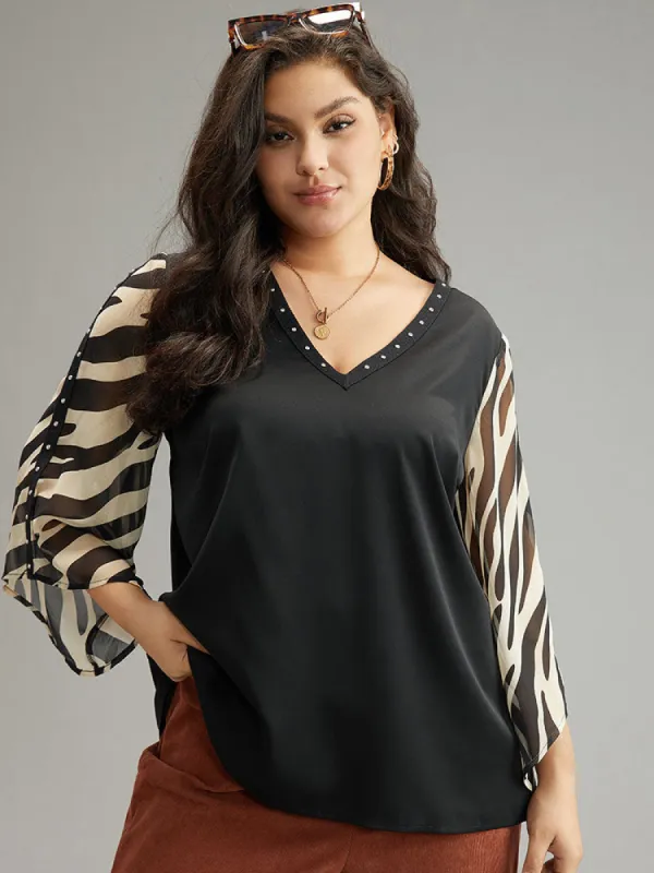 Zebra Print Chiffon Patchwork Pearl Beaded Blouse sold by Bloomchic