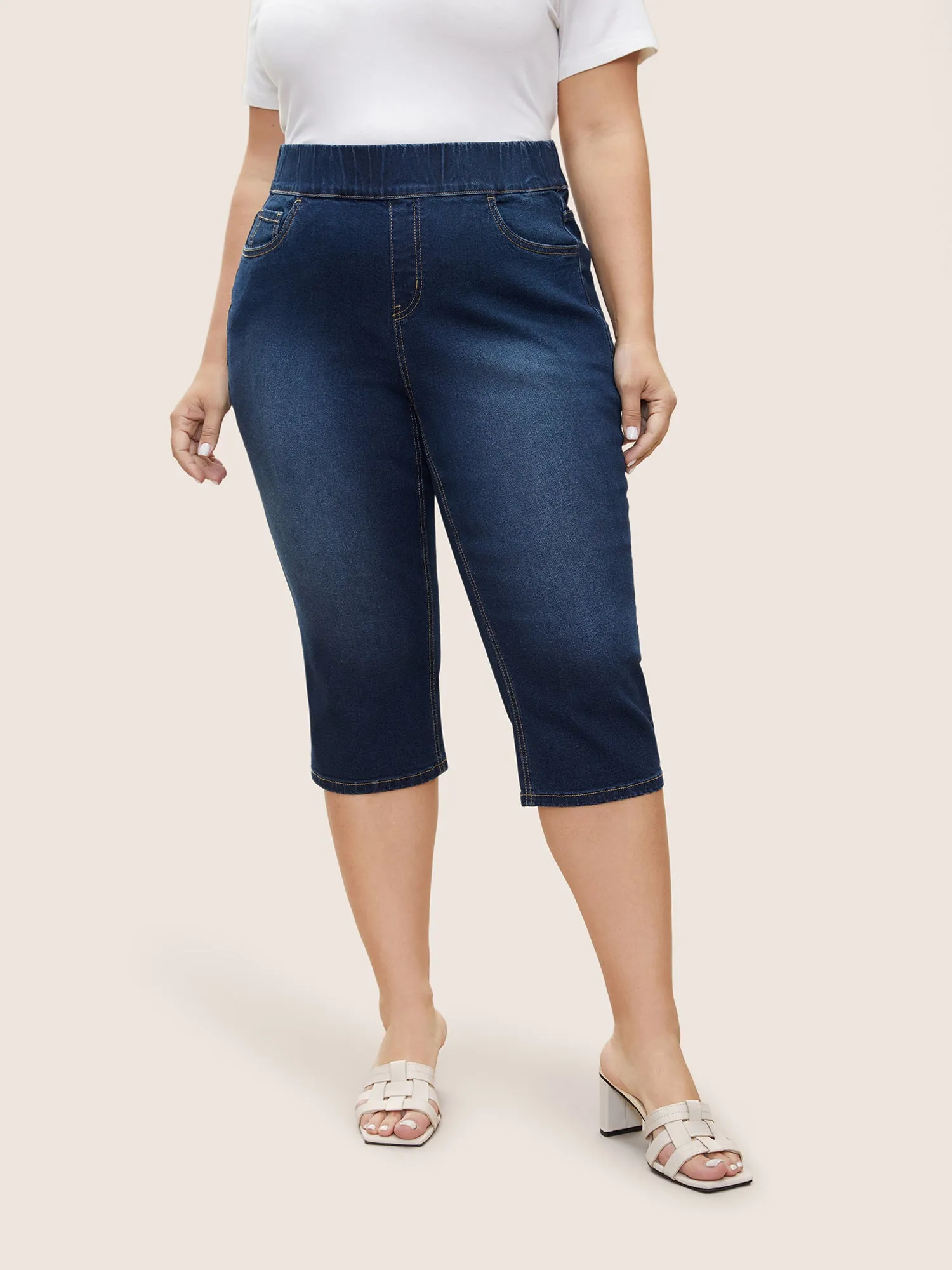 Elastic Waist Straight Leg Cropped Denim Shorts sold by Bloomchic