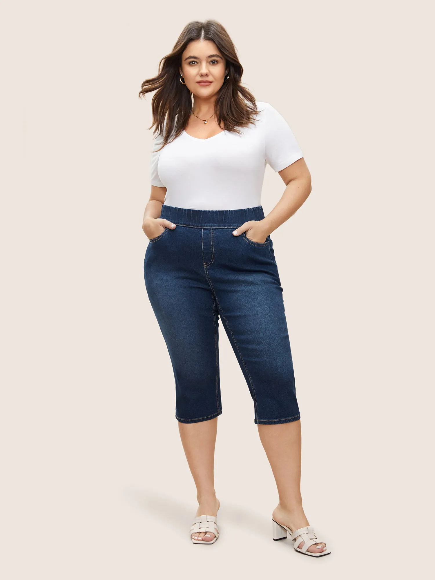 Elastic Waist Straight Leg Cropped Denim Shorts sold by Bloomchic product image thumbnail 2