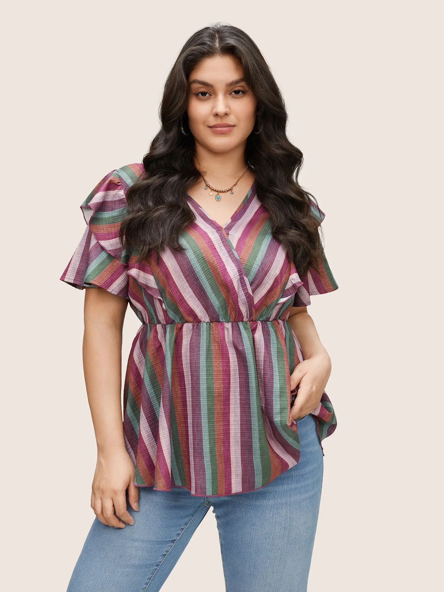 Striped Wrap Ruffle Layered Sleeve Blouse sold by Bloomchic