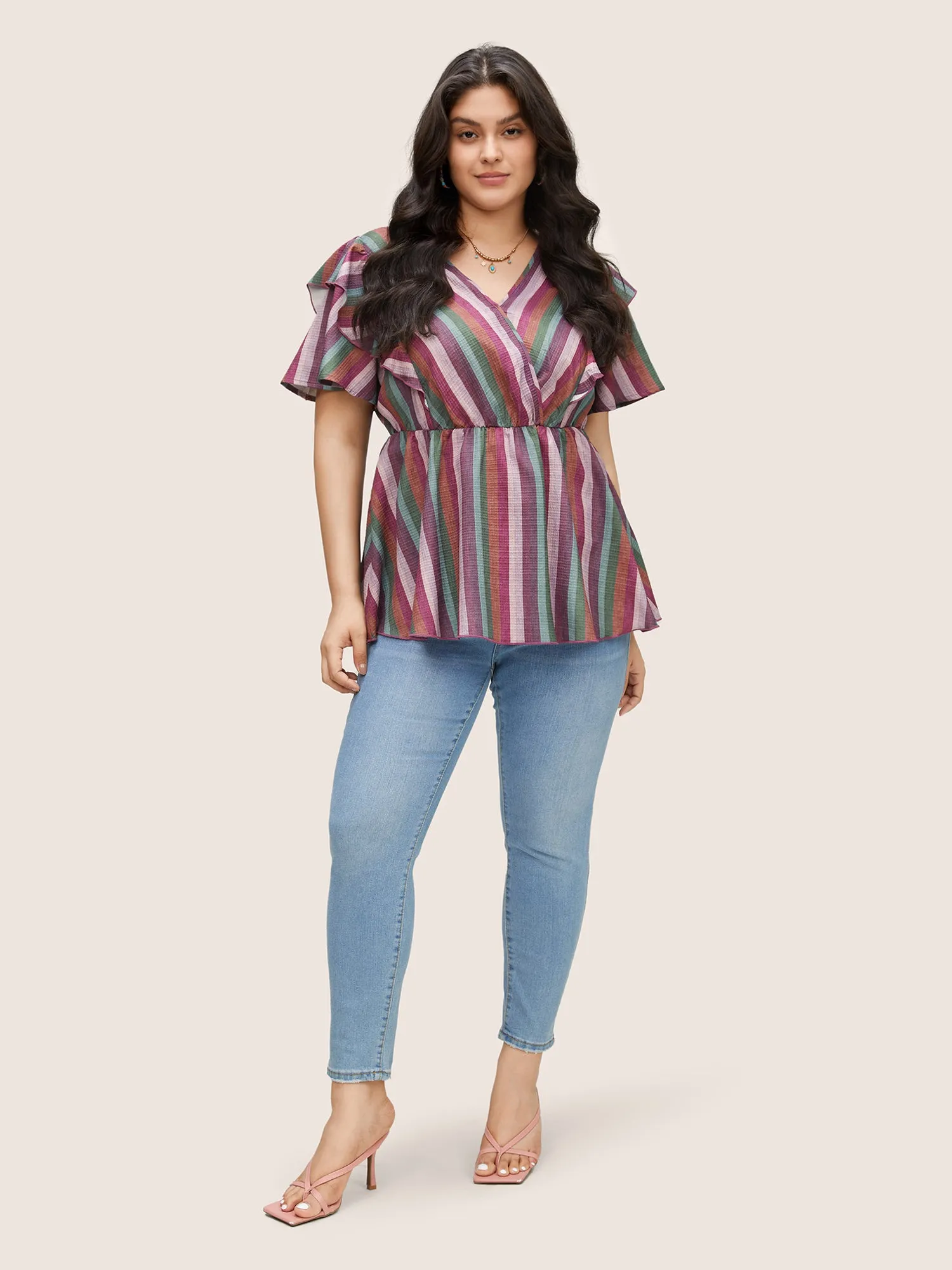 Striped Wrap Ruffle Layered Sleeve Blouse sold by Bloomchic product image thumbnail 2