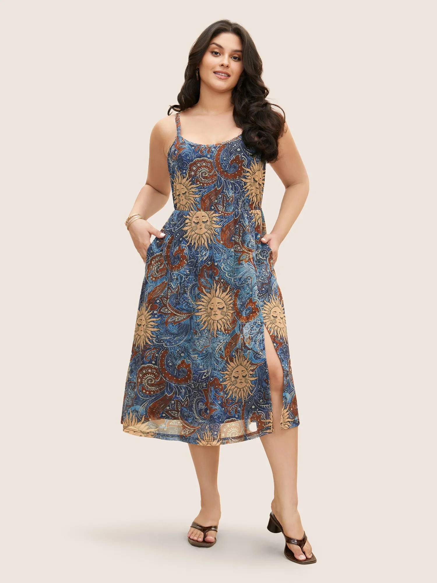 Sun Face Print Split Side Adjustable Straps Dress sold by Bloomchic product image thumbnail 4