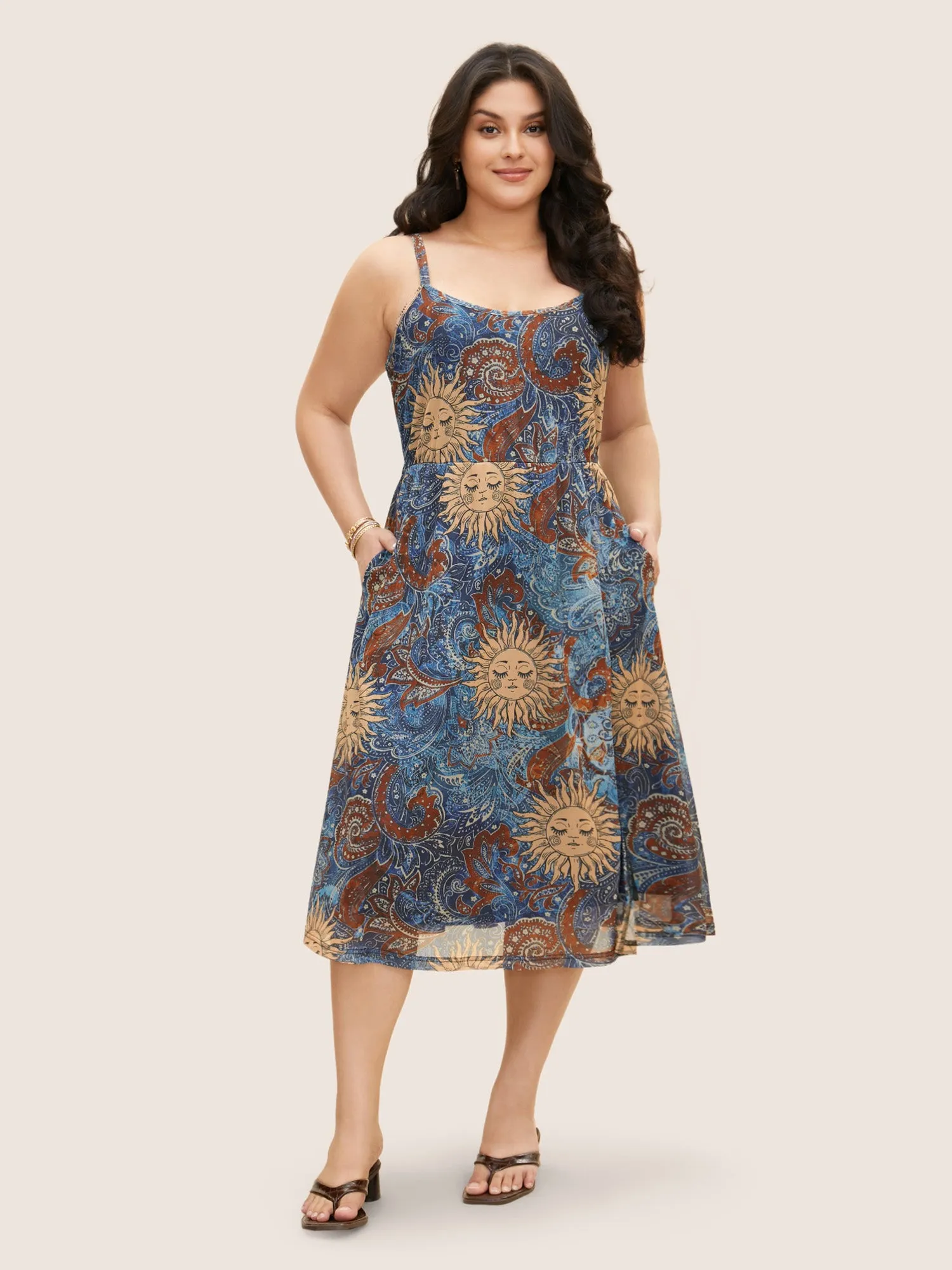 Sun Face Print Split Side Adjustable Straps Dress sold by Bloomchic