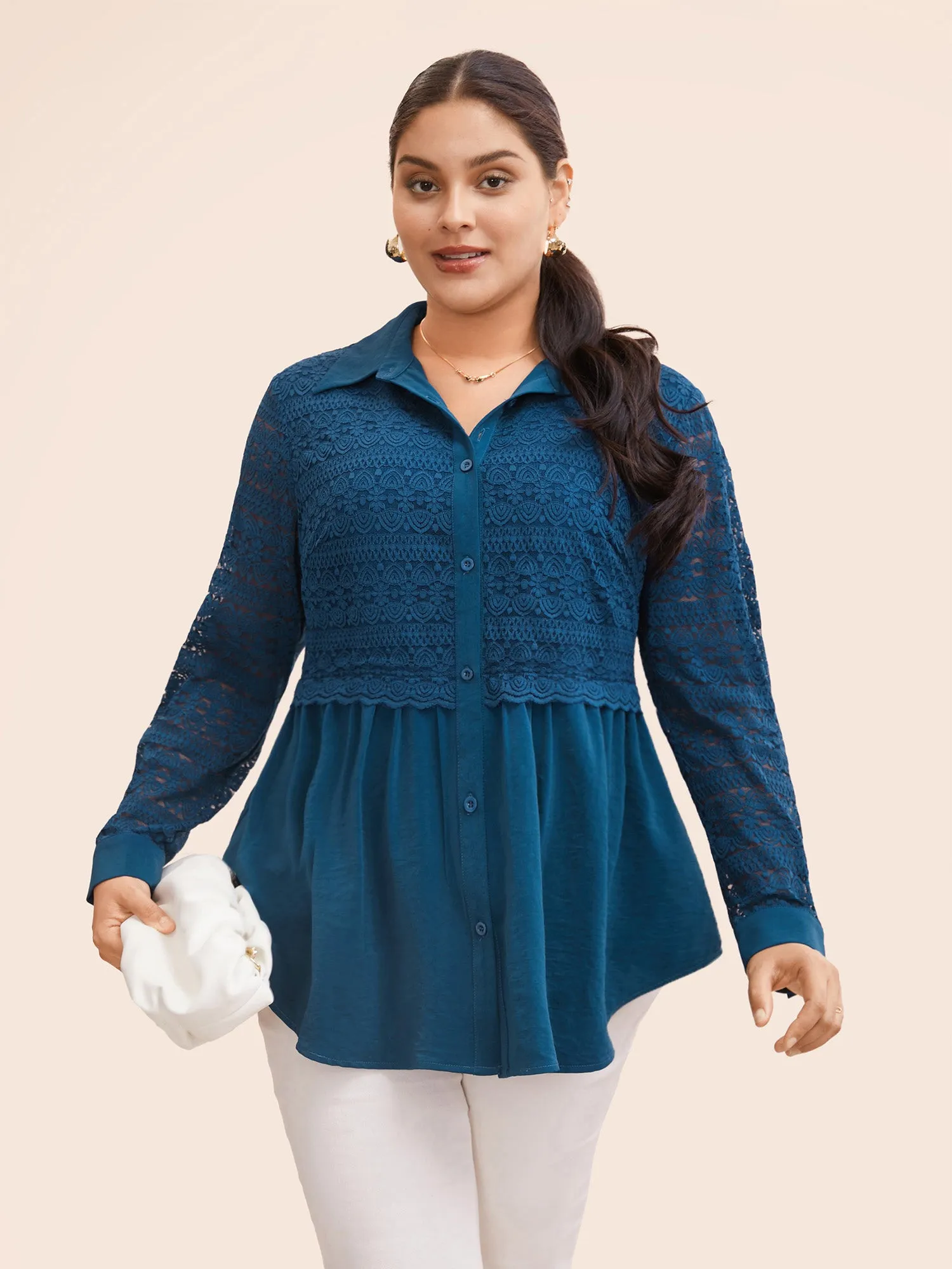 Shirt Collar Crochet Lace Stretch Blouse sold by Bloomchic