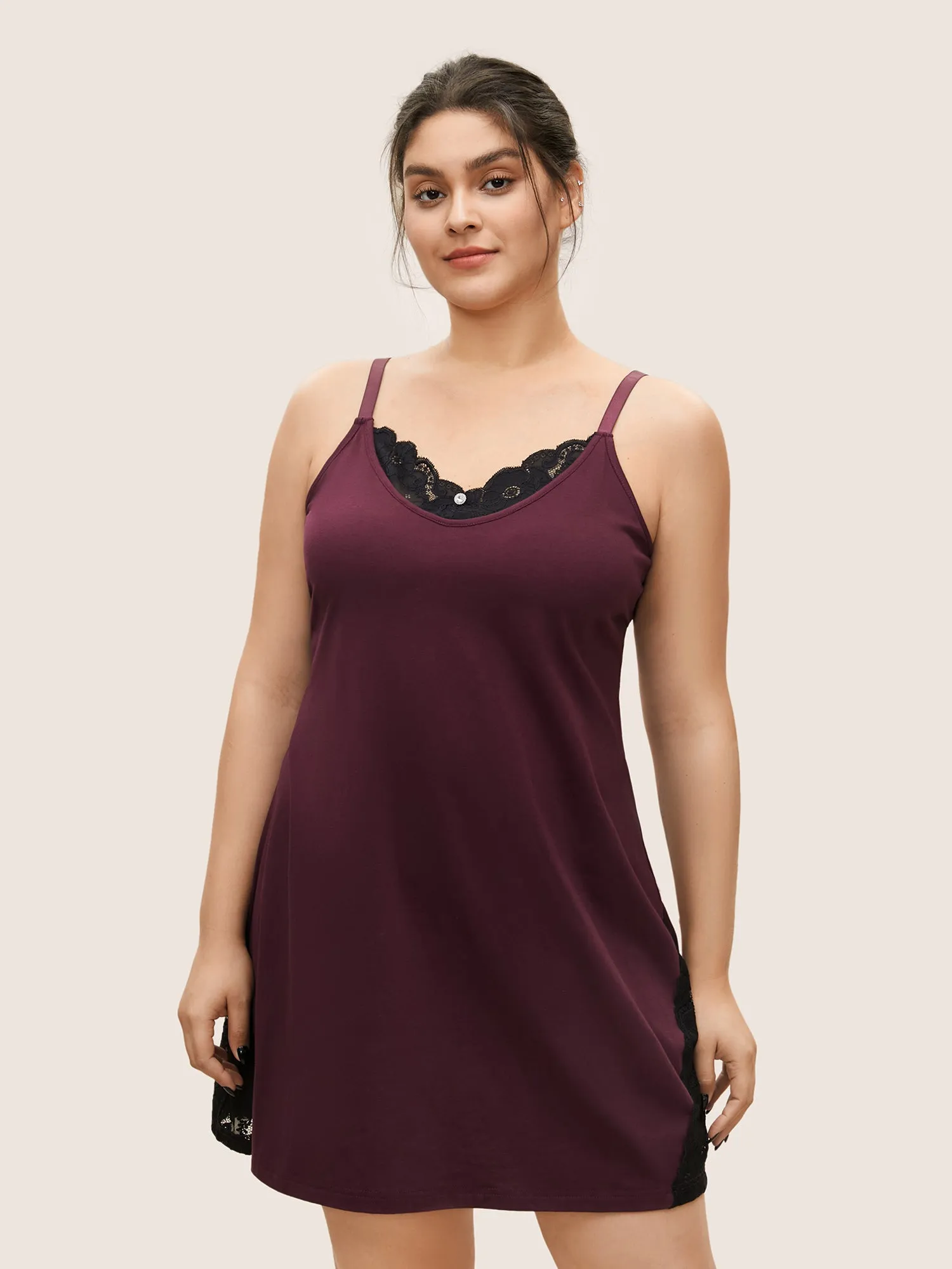 Lace Patchwork Rhinestone Flower Detail Cami Sleep Dress sold by Bloomchic