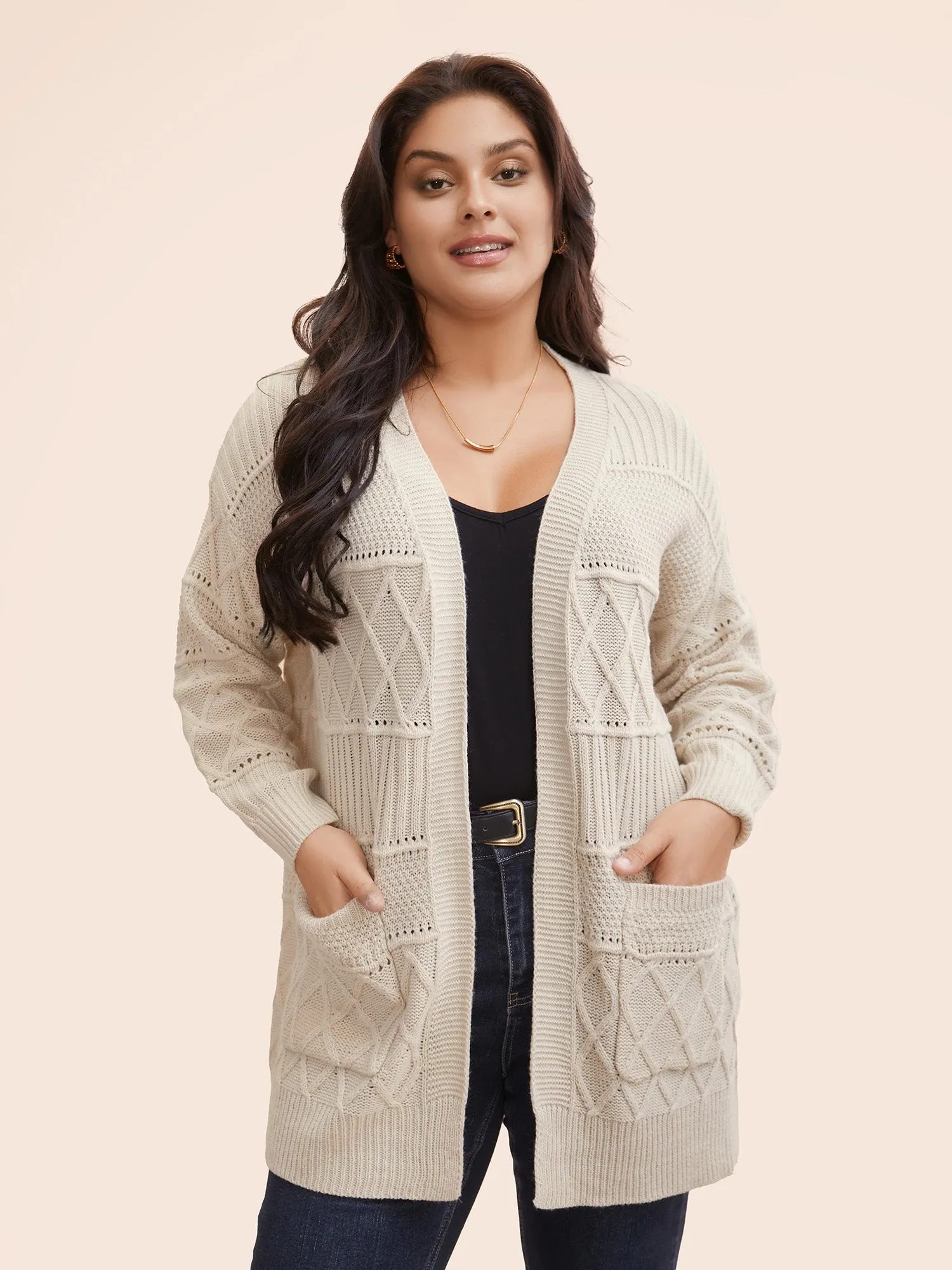 Plain Textured Open Front Pocket Cardigan sold by Bloomchic