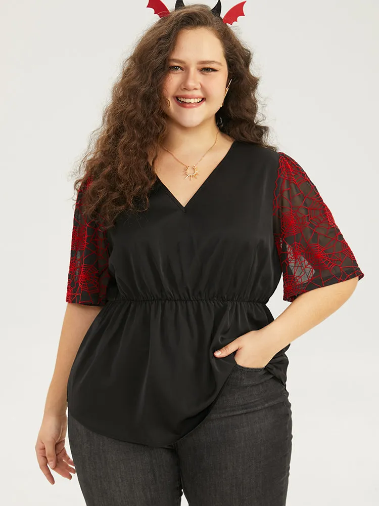 Halloween Spider Web Mesh Patchwork Elastic Waist Blouse sold by Bloomchic