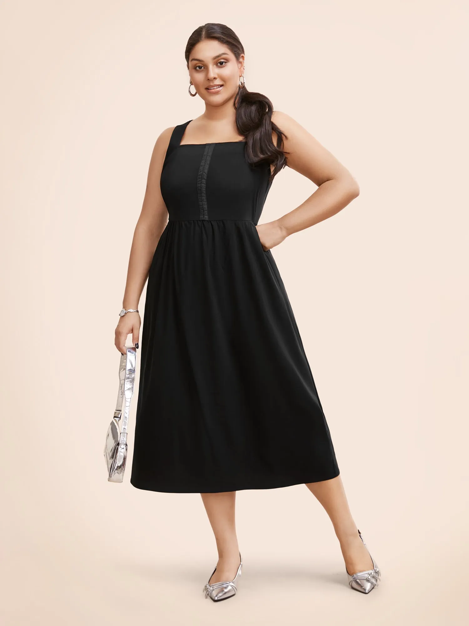 Stretch Woven Pleated Flare Vest Midi Dress sold by Bloomchic