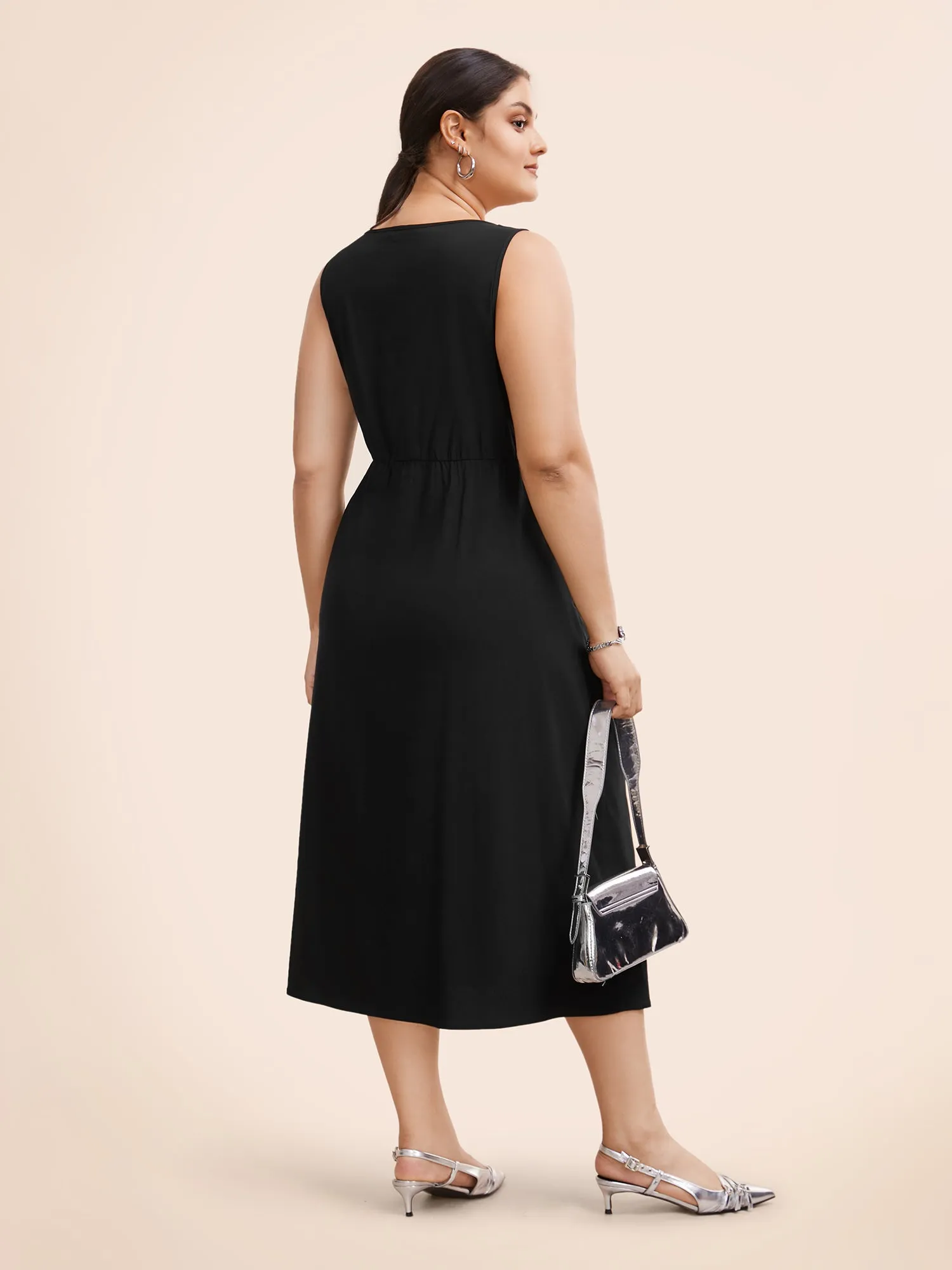 Stretch Woven Pleated Flare Vest Midi Dress sold by Bloomchic product image thumbnail 4