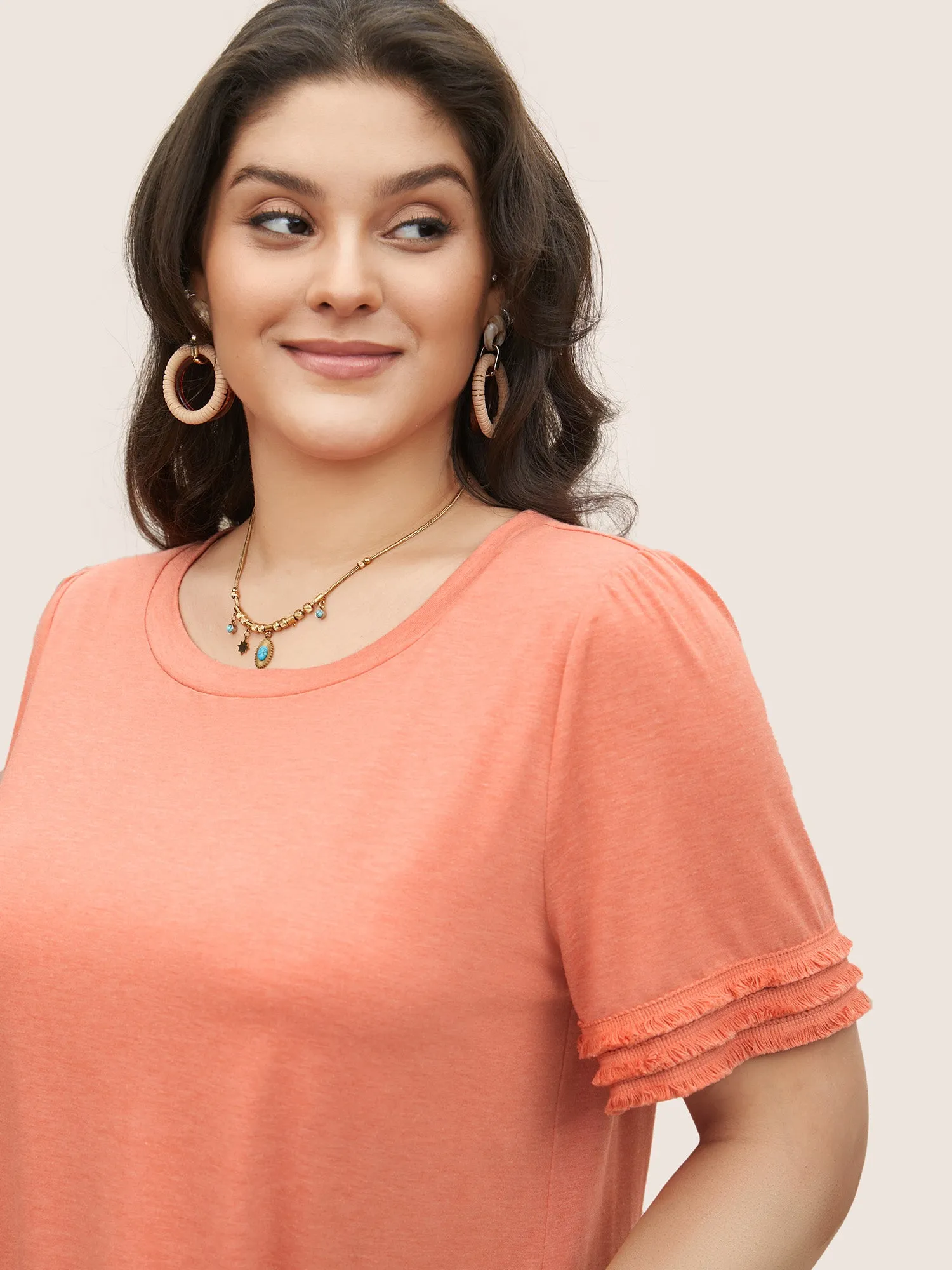 Round Neck Solid Tiered Fuzzy Trim T-shirt sold by Bloomchic product image thumbnail 4