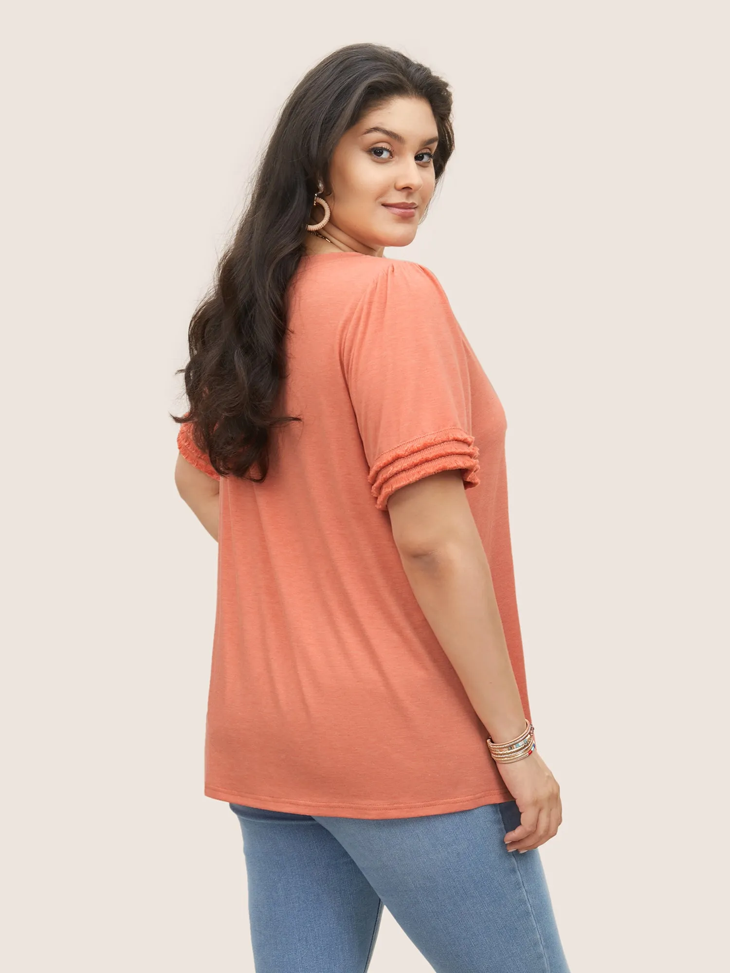 Round Neck Solid Tiered Fuzzy Trim T-shirt sold by Bloomchic product image thumbnail 2