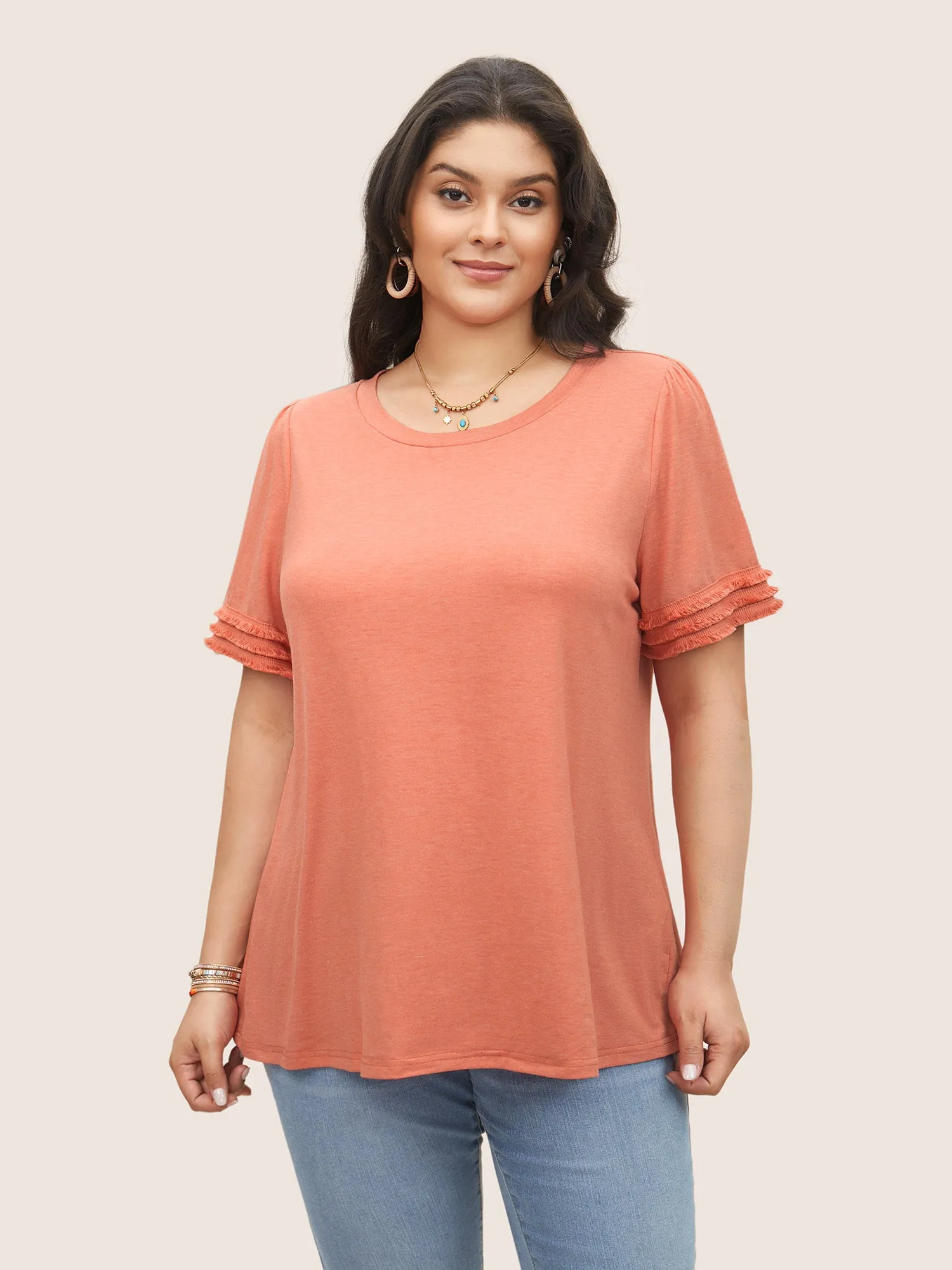 Round Neck Solid Tiered Fuzzy Trim T-shirt sold by Bloomchic