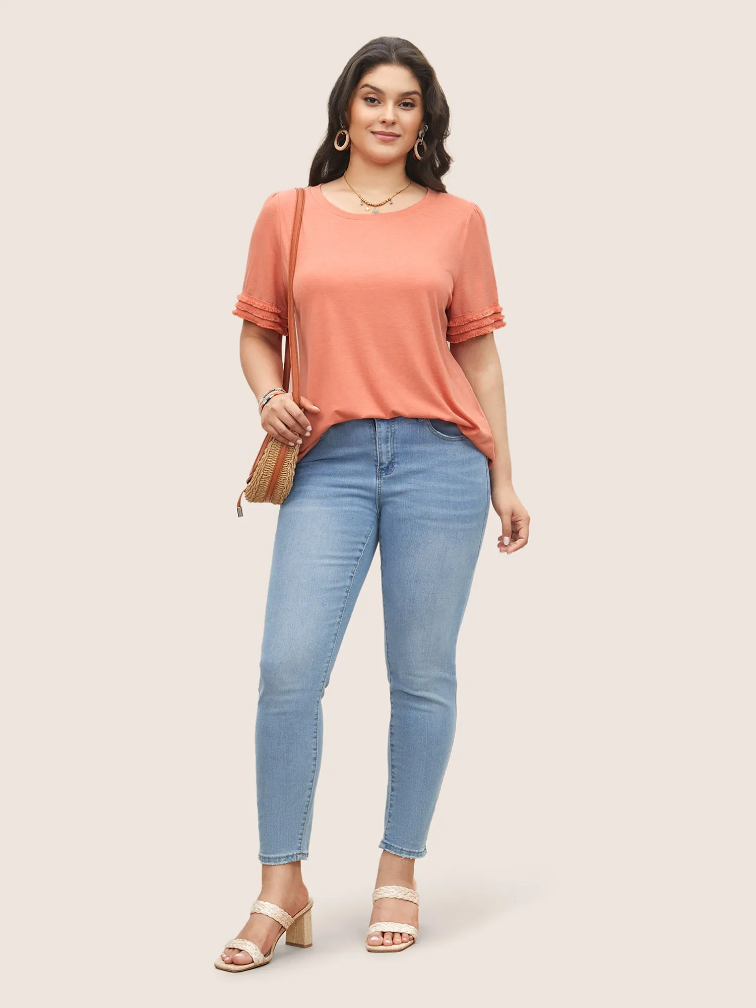 Round Neck Solid Tiered Fuzzy Trim T-shirt sold by Bloomchic product image thumbnail 3