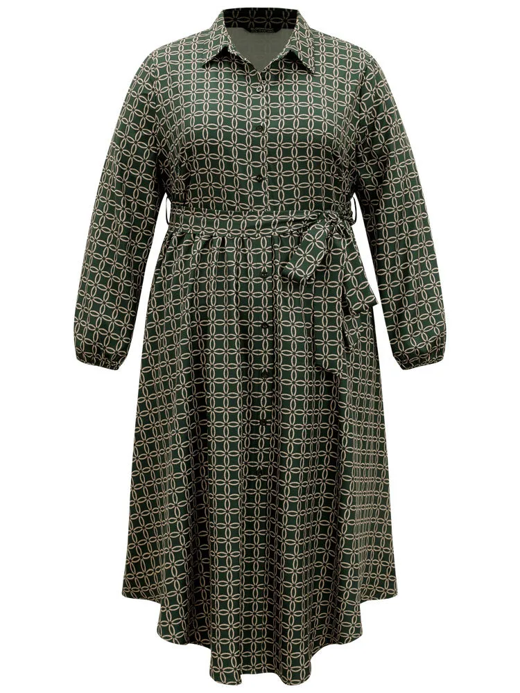 Geometric Belted Curved Hem Lantern Sleeve Dress sold by Bloomchic product image thumbnail 5