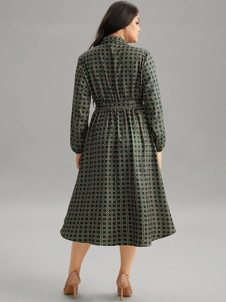 Geometric Belted Curved Hem Lantern Sleeve Dress sold by Bloomchic product image thumbnail 3