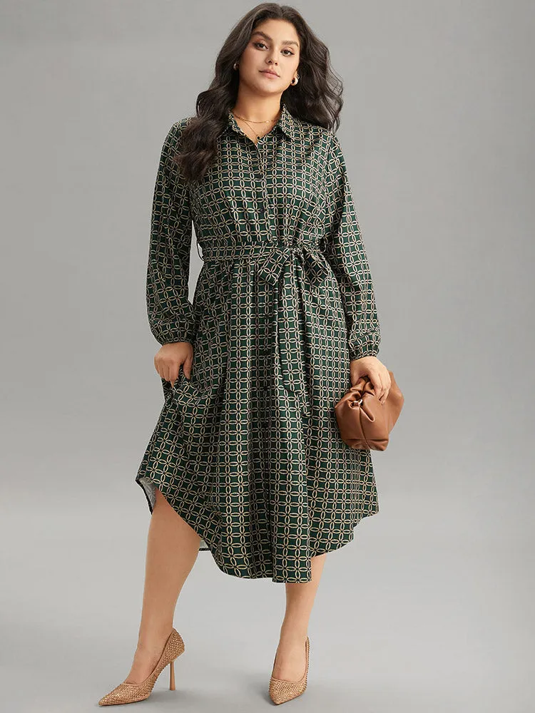 Geometric Belted Curved Hem Lantern Sleeve Dress sold by Bloomchic