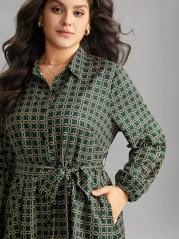 Geometric Belted Curved Hem Lantern Sleeve Dress sold by Bloomchic product image thumbnail 4