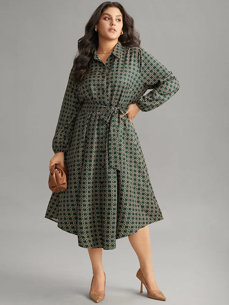 Geometric Belted Curved Hem Lantern Sleeve Dress sold by Bloomchic product image thumbnail 2