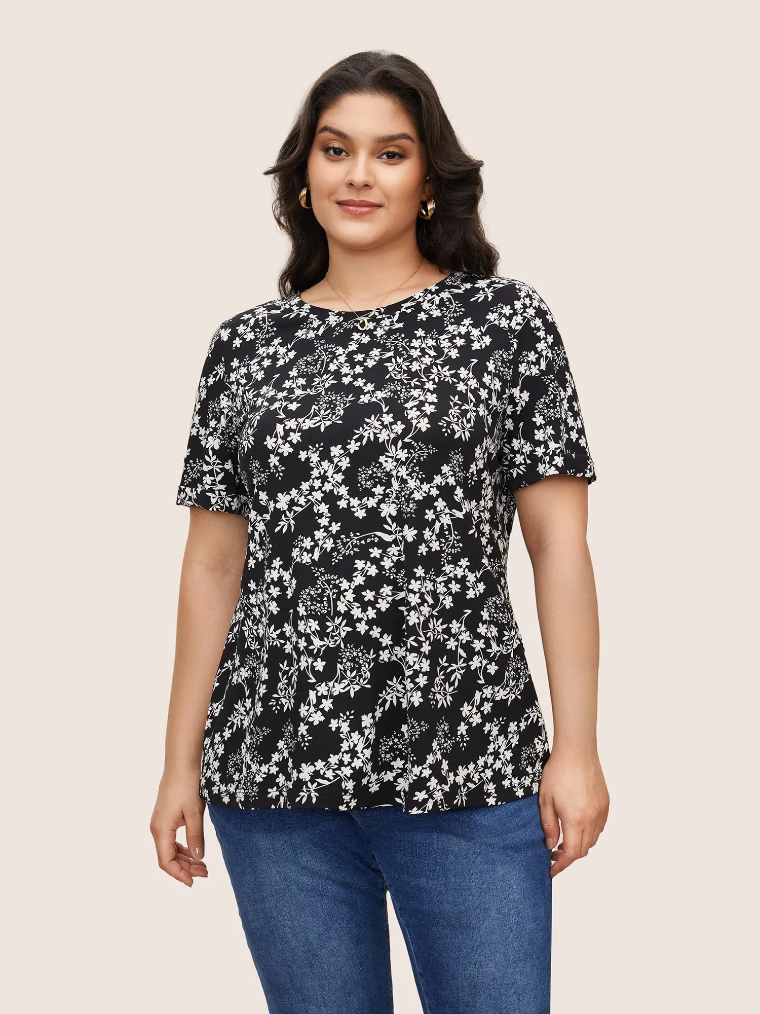 Floral Print Round Neck T-shirt sold by Bloomchic