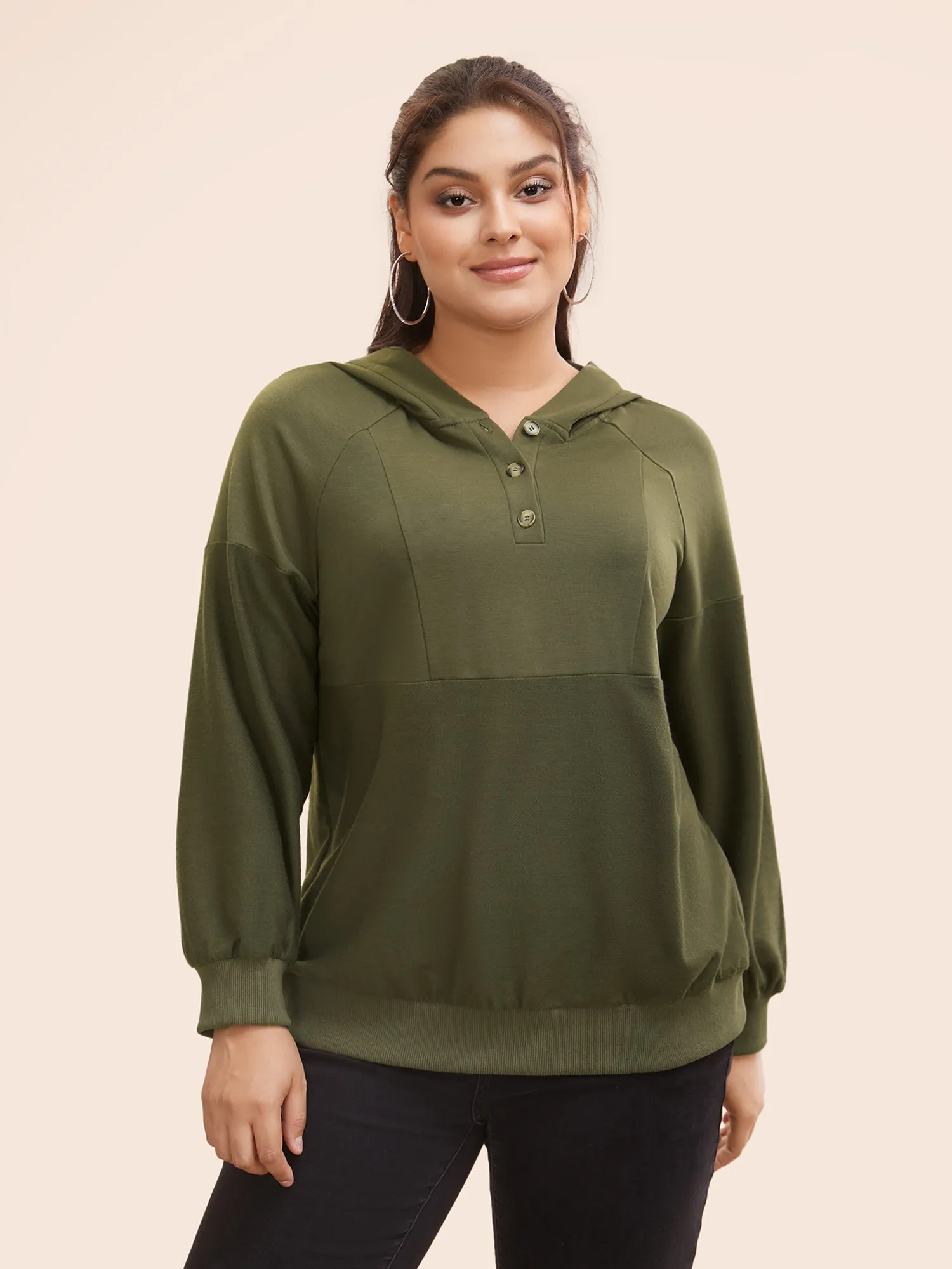 Solid Button Up Raglan Sleeve Hooded Sweatshirt sold by Bloomchic