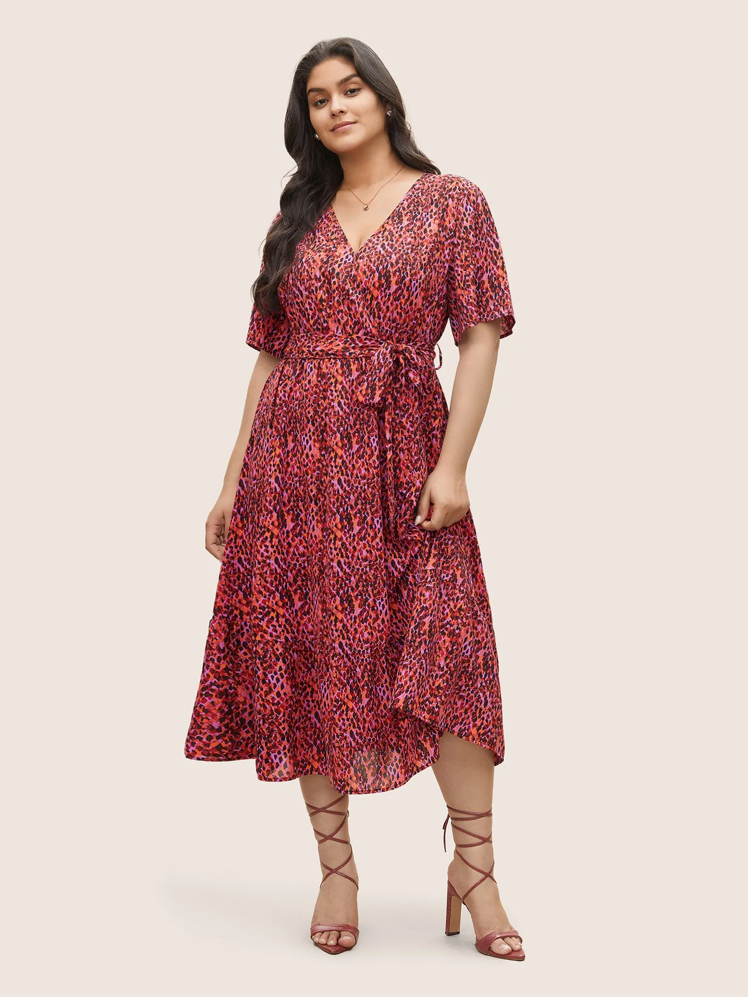 Allover Print Elastic Waist Belted Wrap Dress sold by Bloomchic