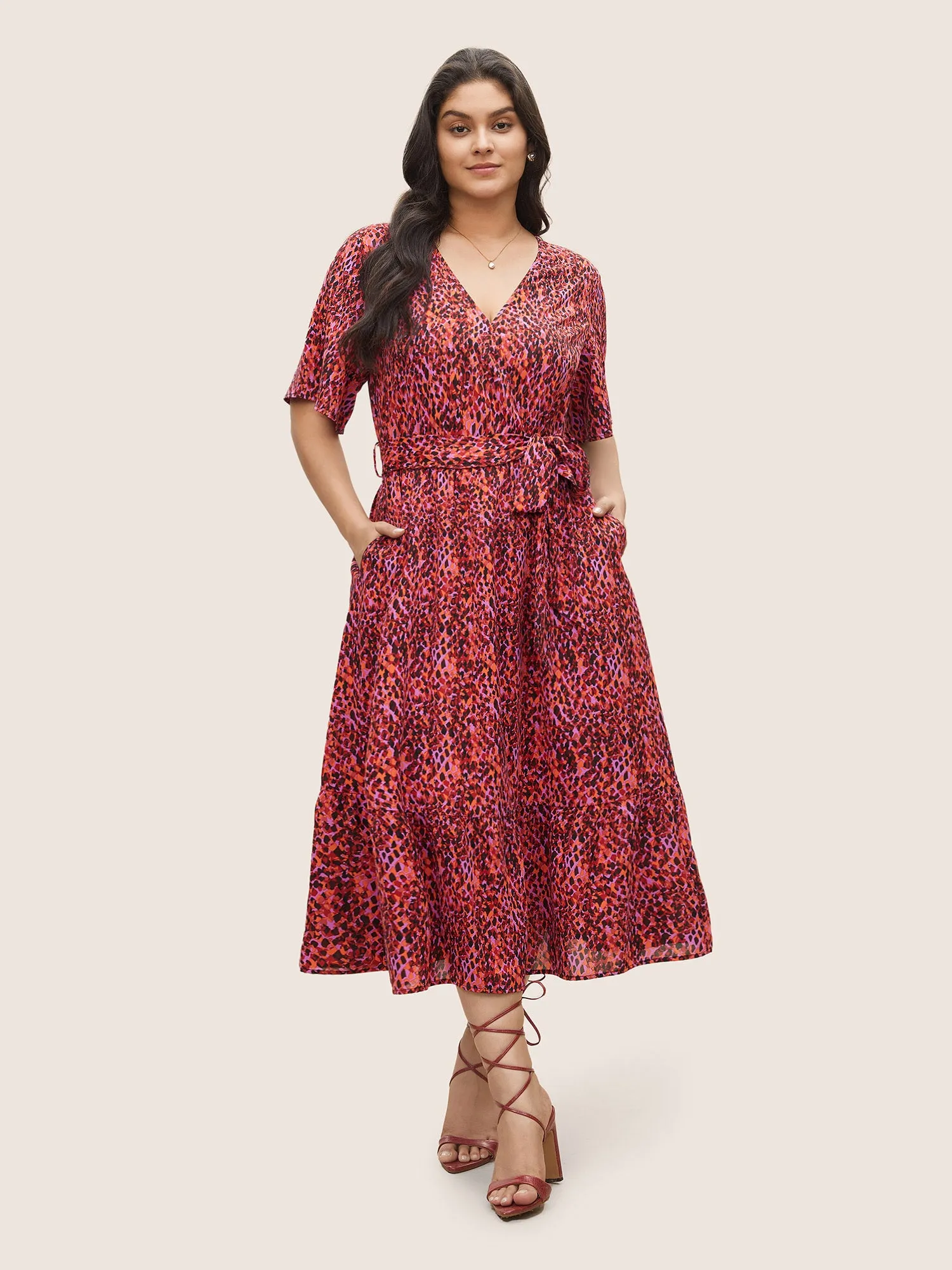 Allover Print Elastic Waist Belted Wrap Dress sold by Bloomchic product image thumbnail 2