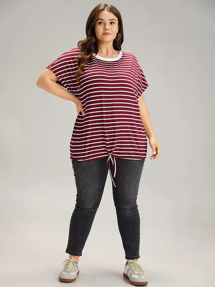 Striped Drawstring Batwing Sleeve T-shirt sold by Bloomchic product image thumbnail 4