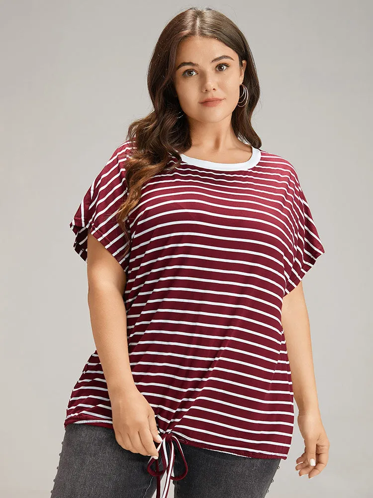 Striped Drawstring Batwing Sleeve T-shirt sold by Bloomchic