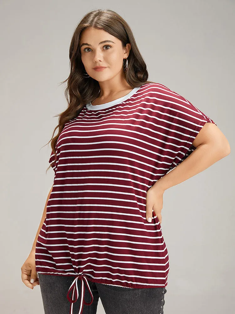 Striped Drawstring Batwing Sleeve T-shirt sold by Bloomchic product image thumbnail 2