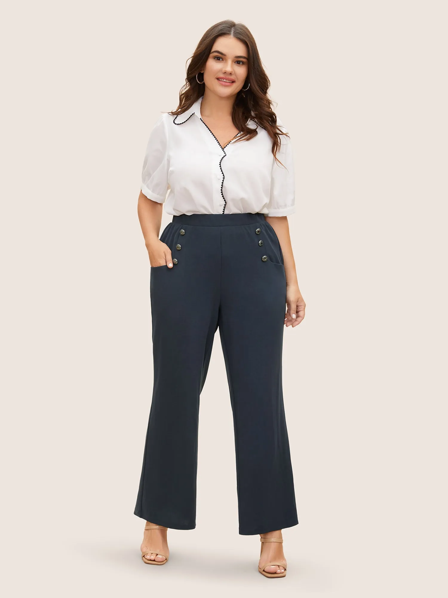 Silver-Button Wide-Leg Pants sold by Bloomchic product image thumbnail 2