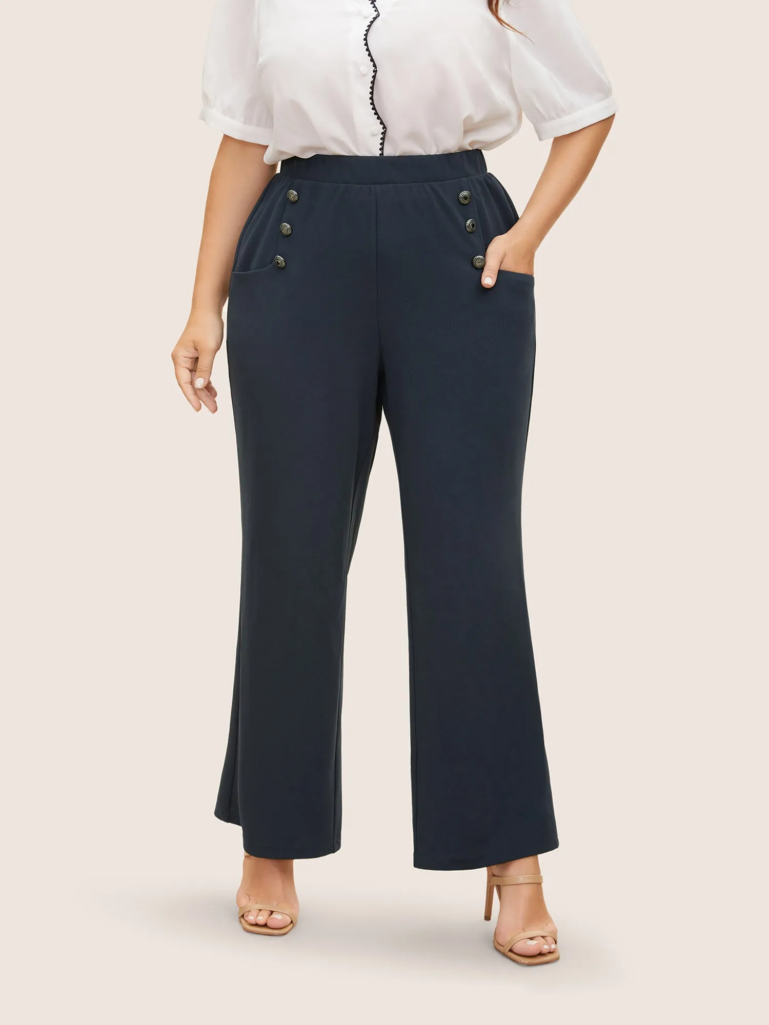 Silver-Button Wide-Leg Pants sold by Bloomchic