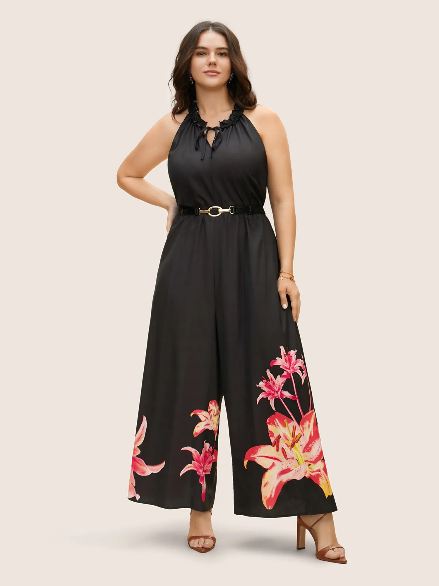 Lily Print Frill Trim Tie Knot Jumpsuit sold by Bloomchic