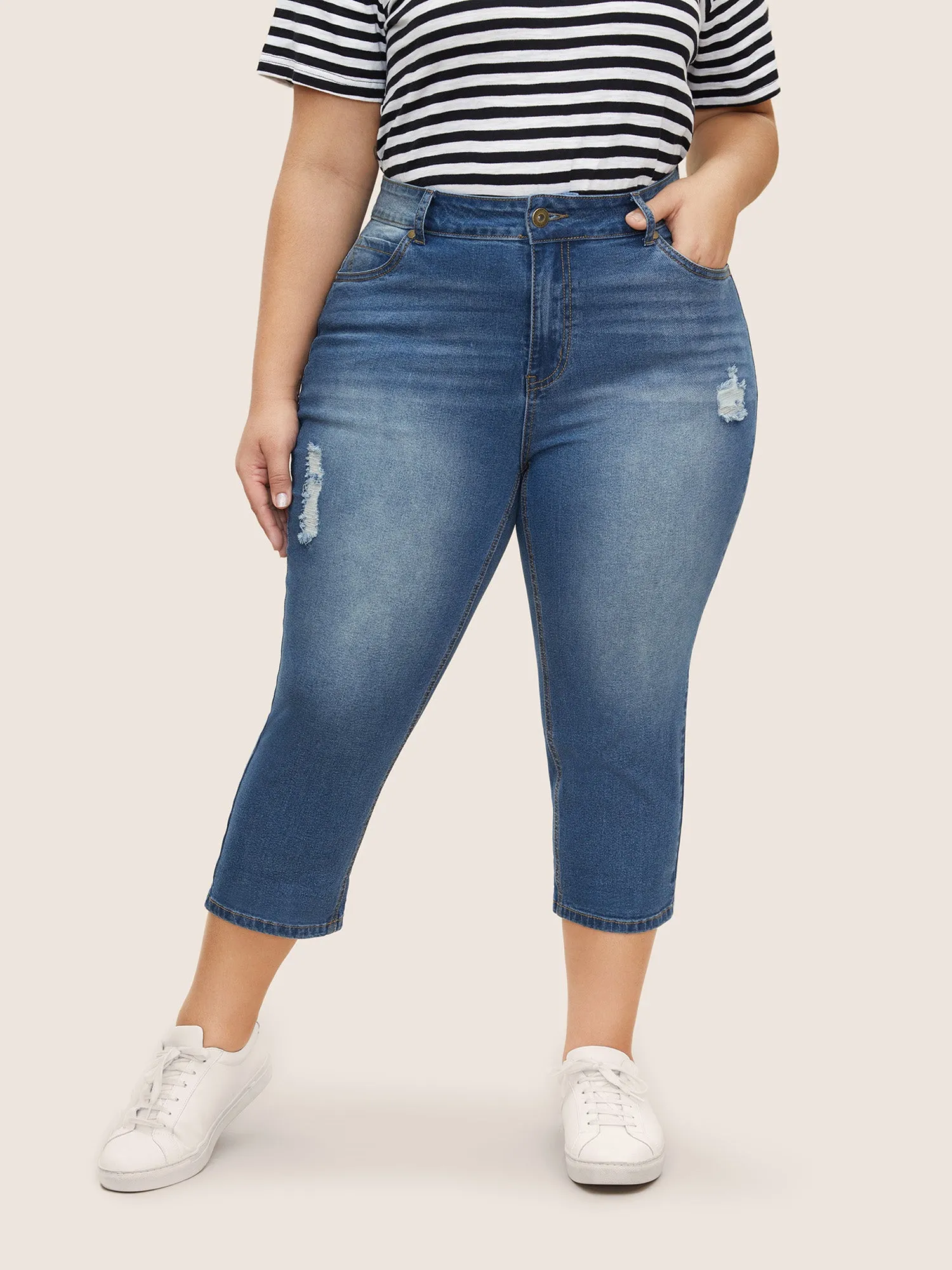 Light Wash Distressed Roll Hem Jeans sold by Bloomchic product image thumbnail 3