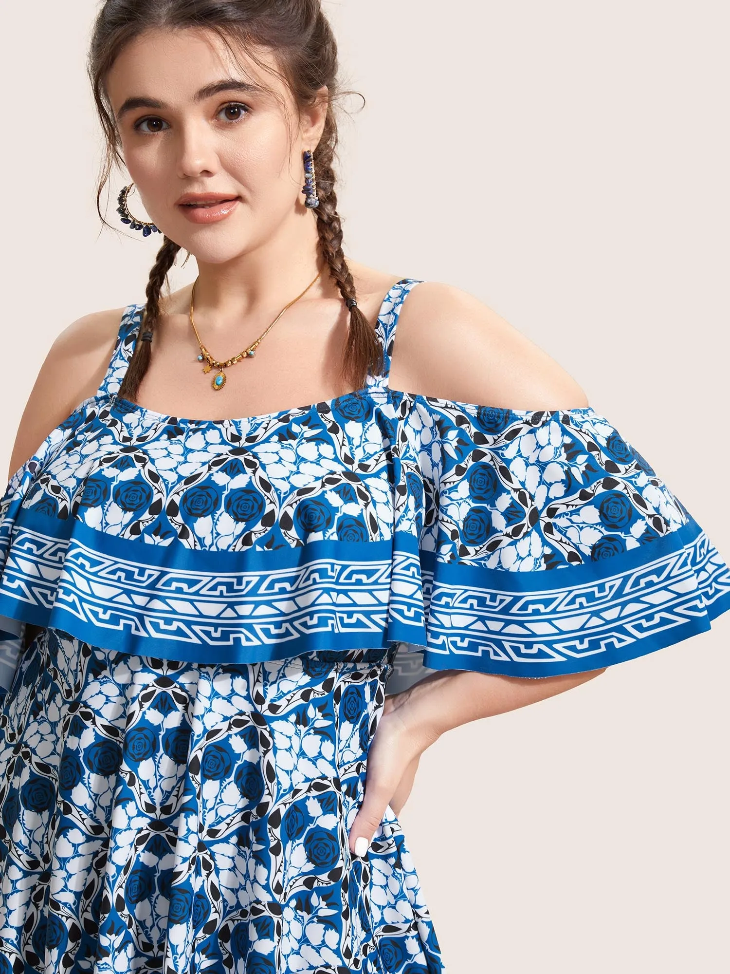 Off Shoulder Boho Print Ruffle Trim Swim Dress sold by Bloomchic product image thumbnail 4
