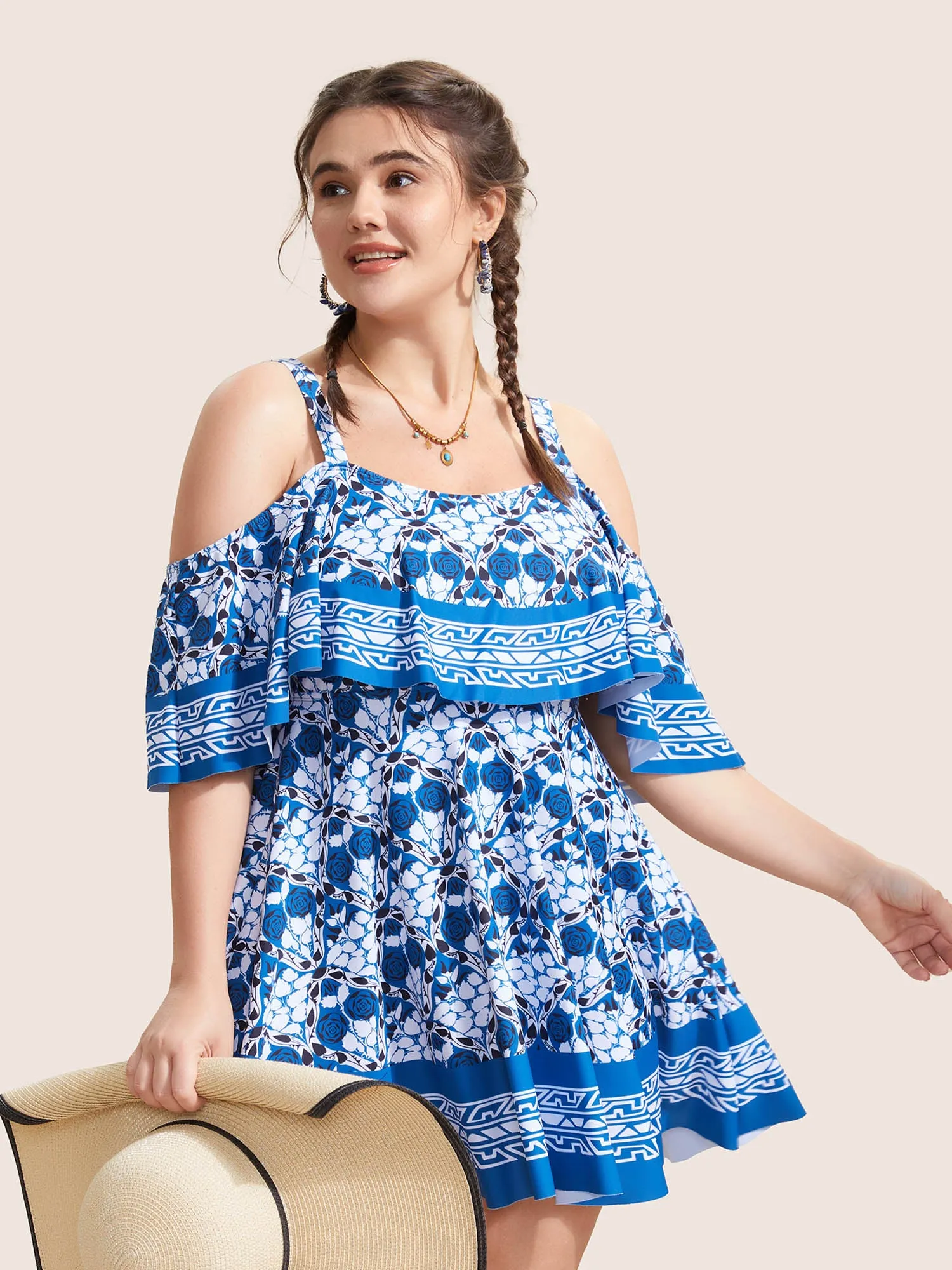 Off Shoulder Boho Print Ruffle Trim Swim Dress sold by Bloomchic