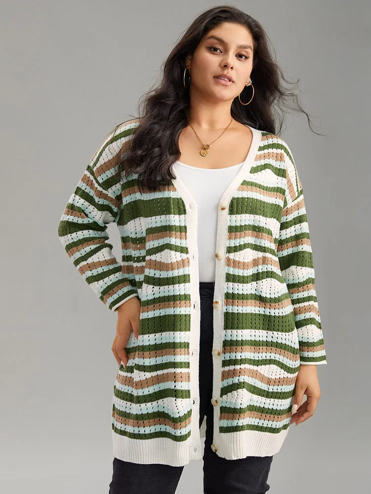 Striped Contrast Button Up Hollow Out Cardigan sold by Bloomchic