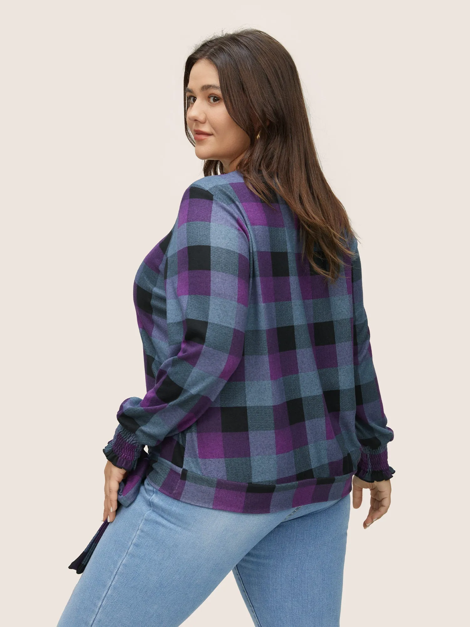 Plaid Shirred Cuffs Bowknot Detail T-shirt sold by Bloomchic product image thumbnail 2