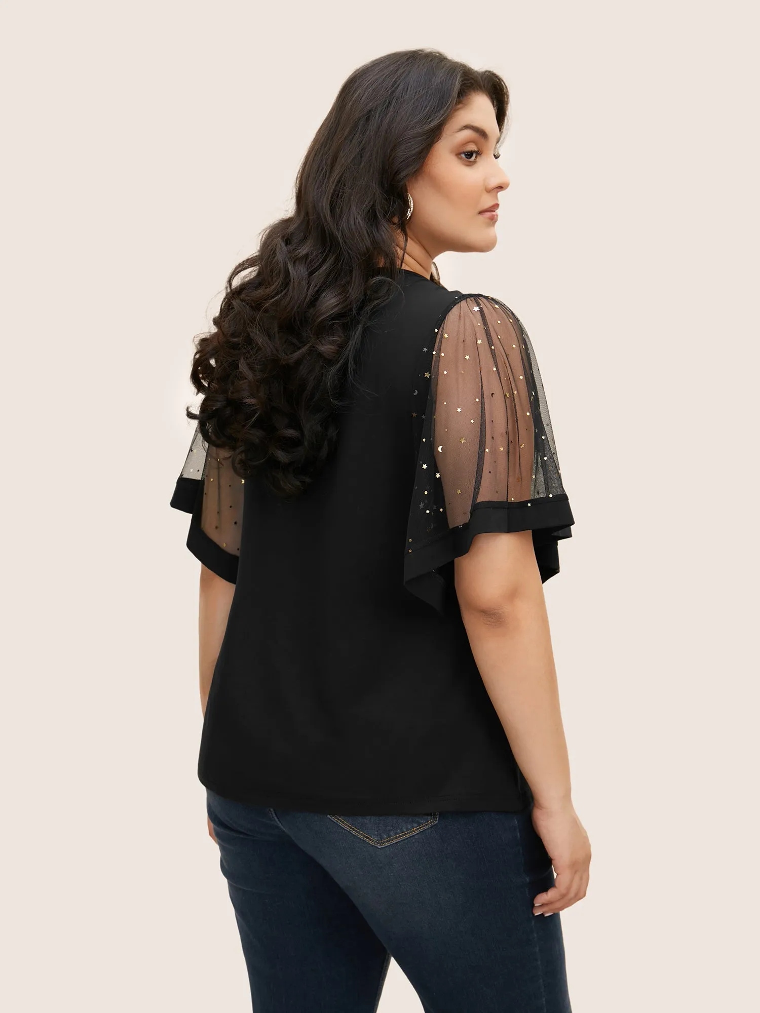 Star Sequin Mesh Patchwork Ruffle Sleeve T-shirt sold by Bloomchic product image thumbnail 2