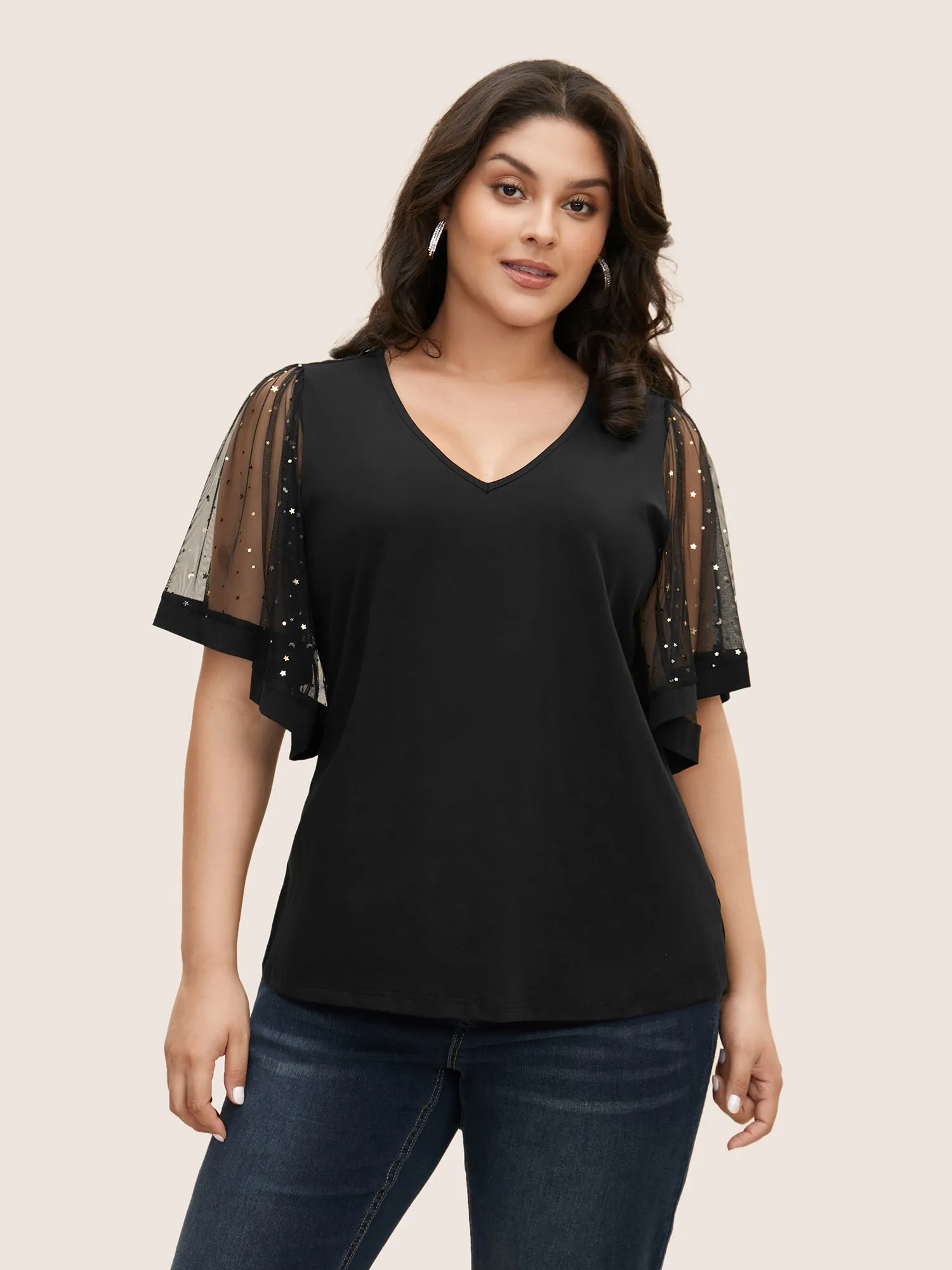 Star Sequin Mesh Patchwork Ruffle Sleeve T-shirt sold by Bloomchic