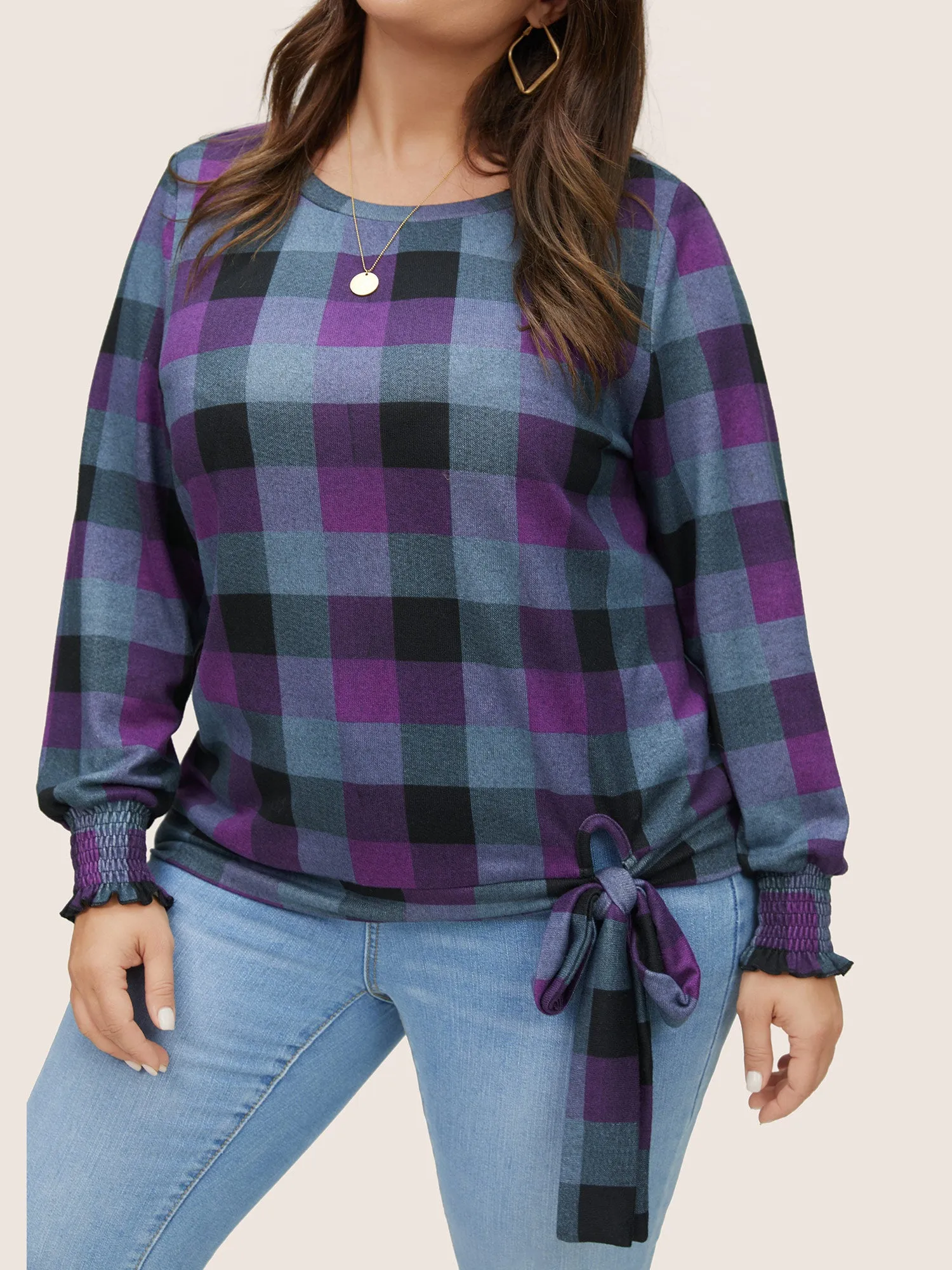 Plaid Shirred Cuffs Bowknot Detail T-shirt sold by Bloomchic product image thumbnail 4