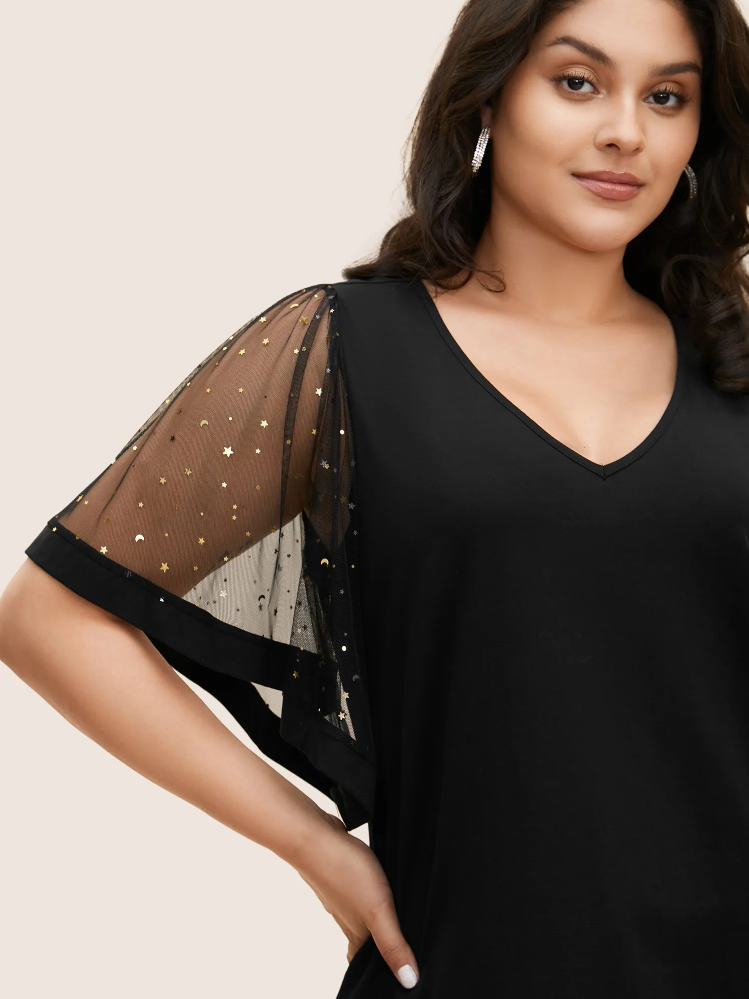 Star Sequin Mesh Patchwork Ruffle Sleeve T-shirt sold by Bloomchic product image thumbnail 4