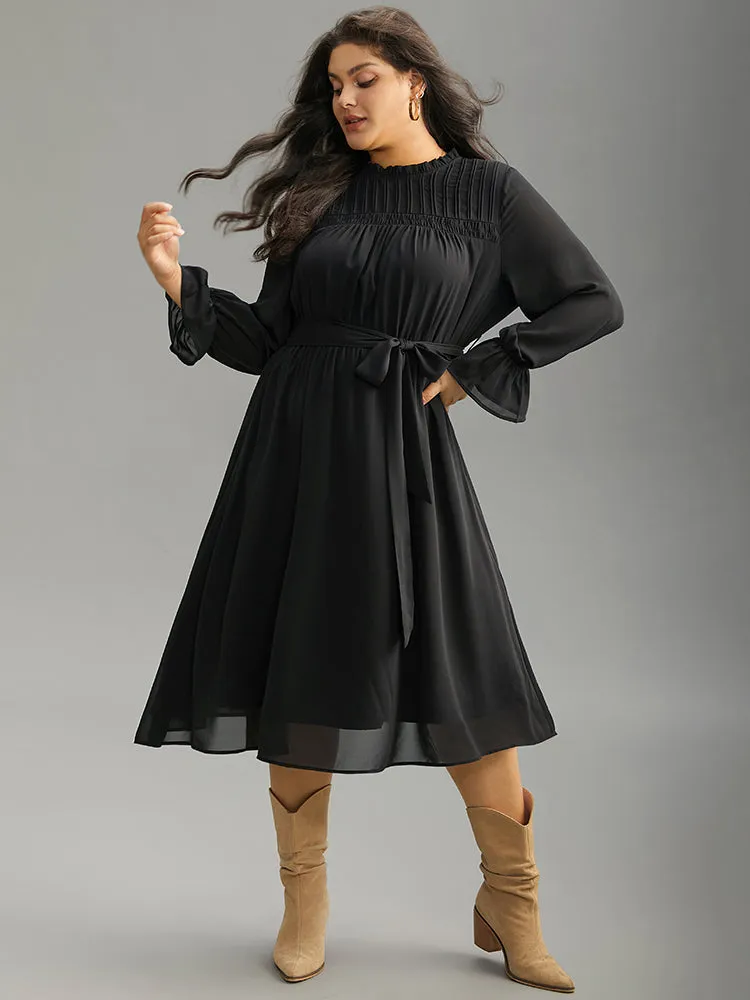 Plain Pleated Stand Collar Shirred Ruffles Dress sold by Bloomchic product image thumbnail 2