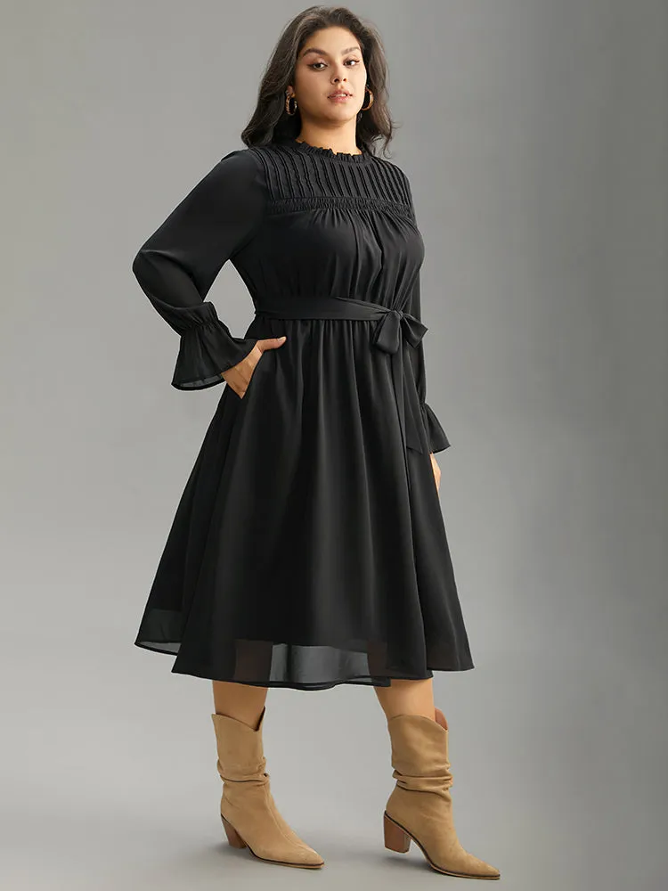 Plain Pleated Stand Collar Shirred Ruffles Dress sold by Bloomchic product image thumbnail 3