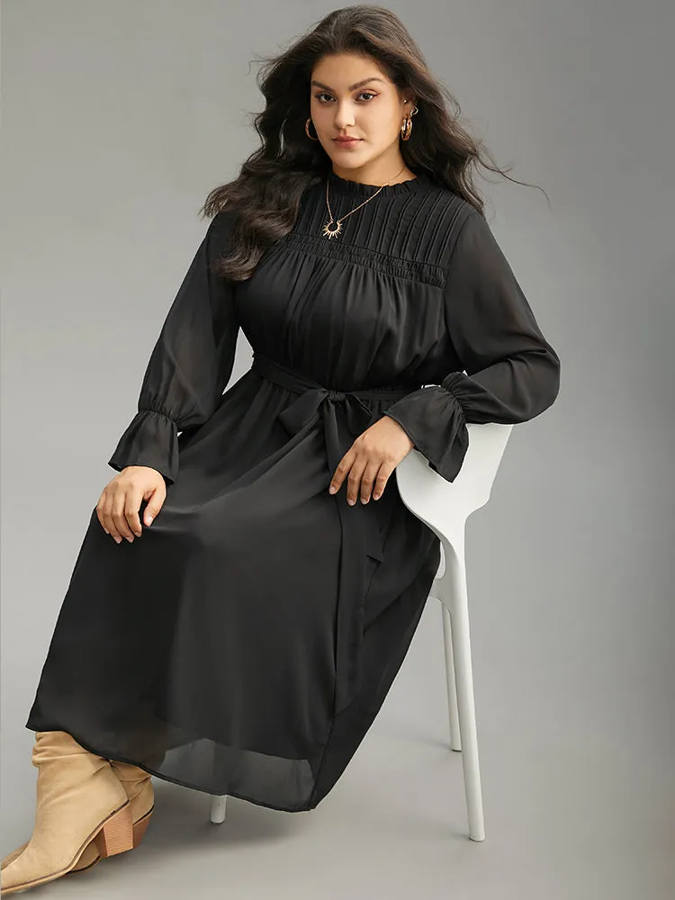 Plain Pleated Stand Collar Shirred Ruffles Dress sold by Bloomchic product image thumbnail 4