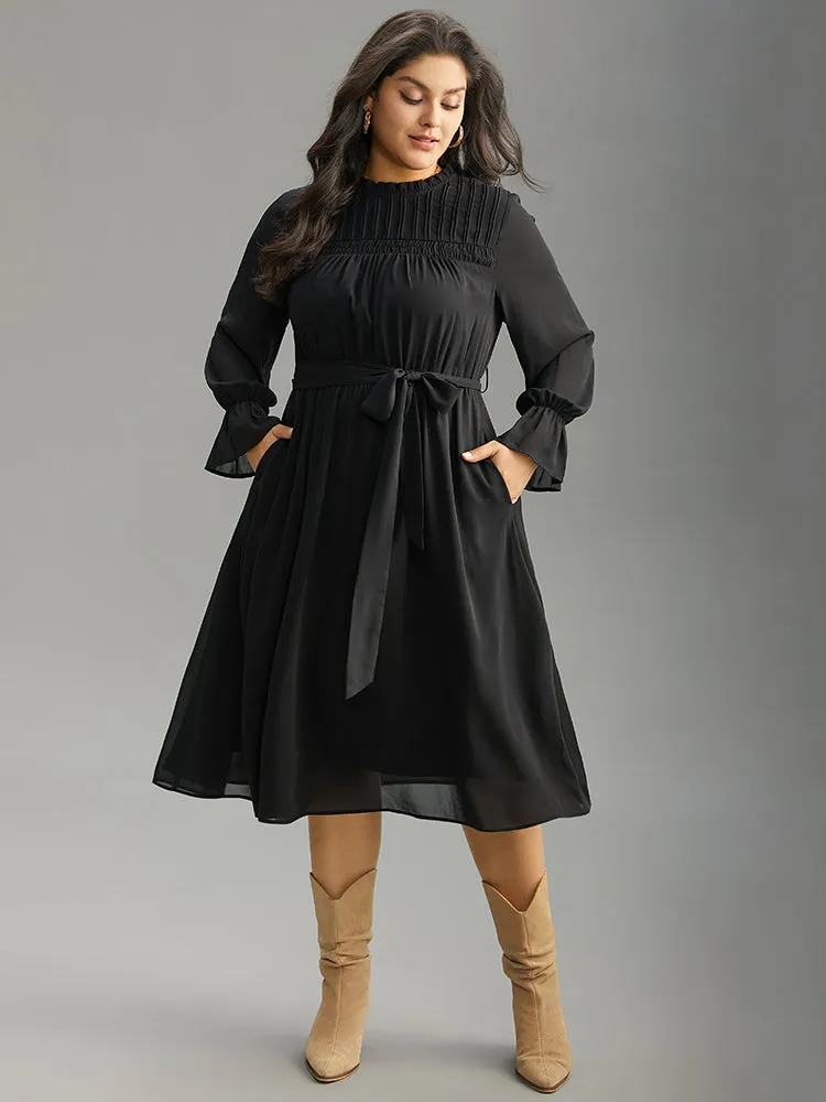 Plain Pleated Stand Collar Shirred Ruffles Dress sold by Bloomchic